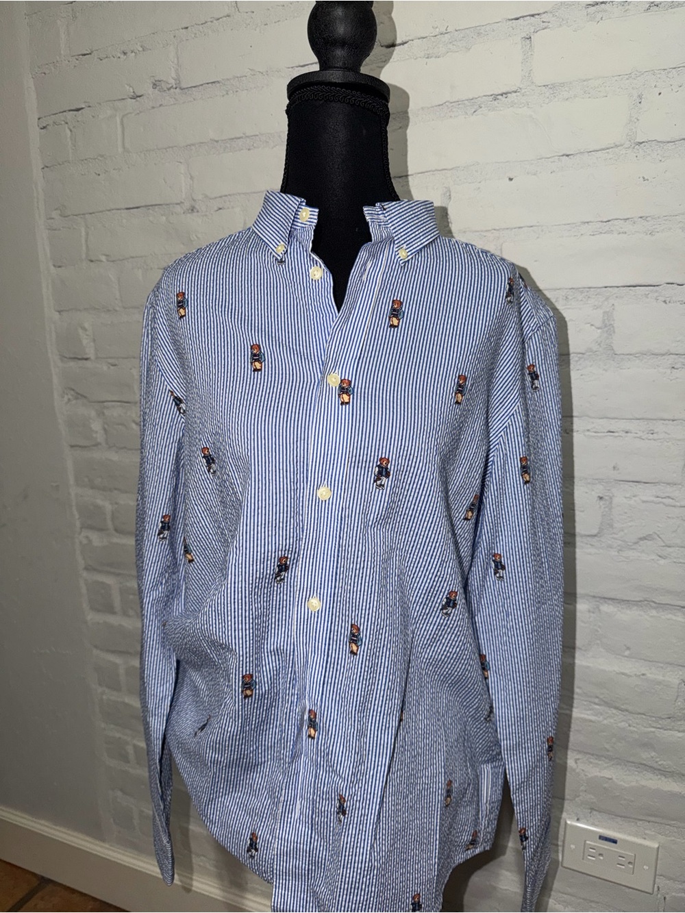 Ralph Lauren Blue & White Striped Button-Down Shirt with Teddy Bear print